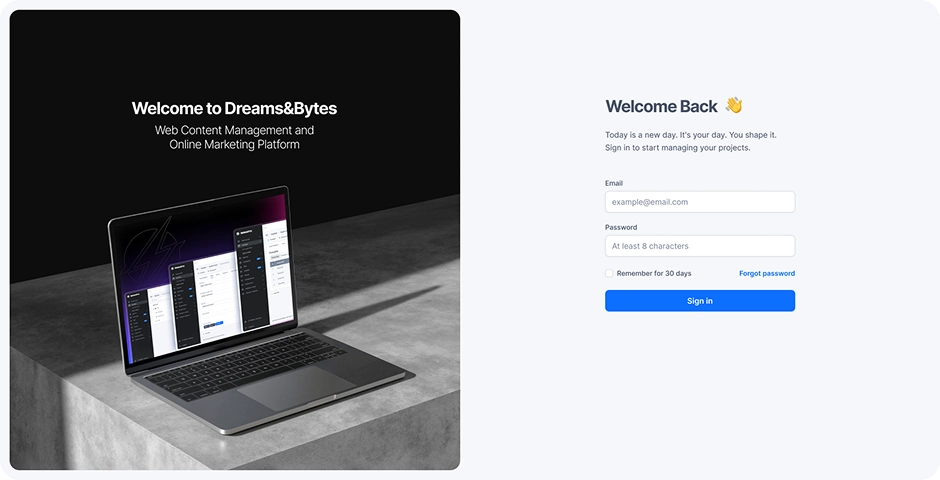 Dreams&Bytes CMS login interface